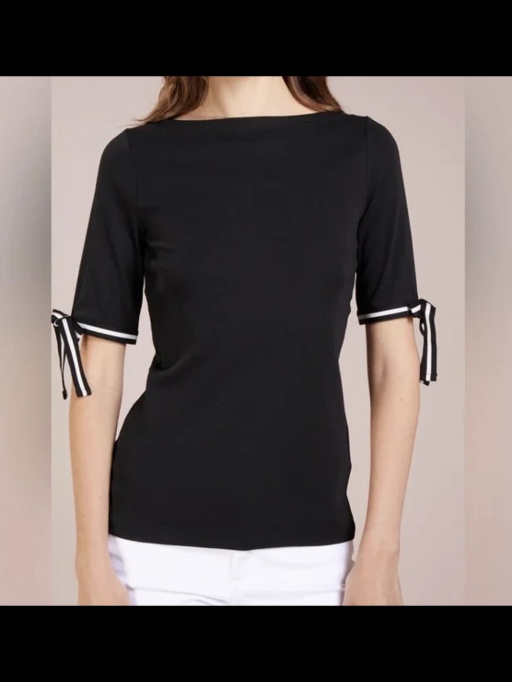 Ann Taylor Factory Black Boatneck Short-Sleeve Top with Tie Look Cuffs